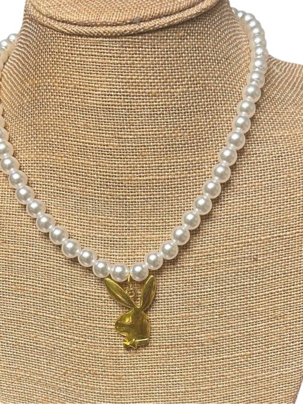 Pearl PLAYBOY Necklace with Gold Bunny Pendant - White Pearls